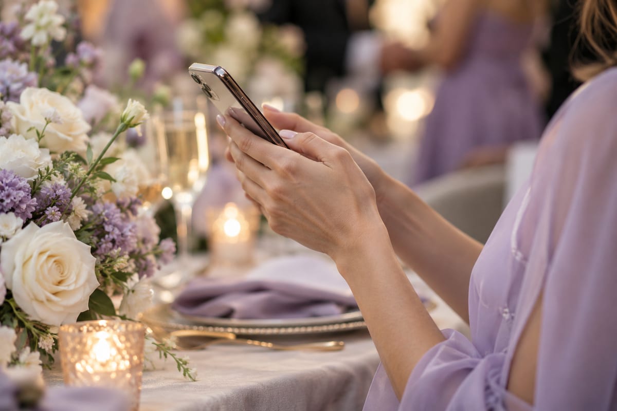 KI-Illustration: Ein Hochzeitsgast hält ein Smartphone neben einer festlich gedeckten Tafel.